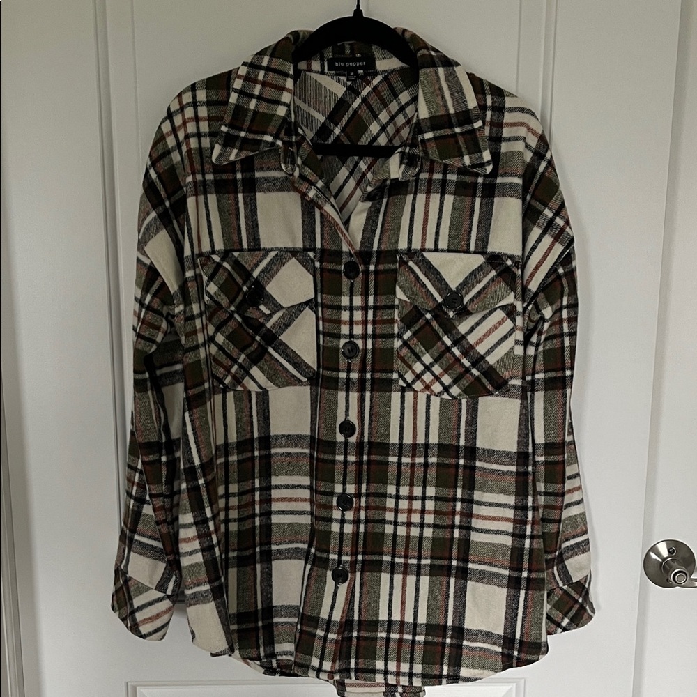 Blu Pepper Cream Plaid Shirt with Olive & Rust Accents